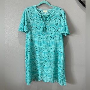 Ruby Yaya Embroidered Eyelet Shift Dress W/ Slip Flare Short Sleeve Aqua Cotton